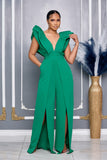 V NECKLINE PUFF SHOULDER SLIT LEG JUMPSUIT (GREEN)