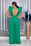 V NECKLINE PUFF SHOULDER SLIT LEG JUMPSUIT (GREEN)