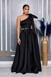 SINGLE SHOULDER BOW DETAIL MAXI DRESS WITH SLIT AND POCKETS (BLACK)