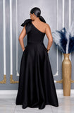 SINGLE SHOULDER BOW DETAIL MAXI DRESS WITH SLIT AND POCKETS (BLACK)