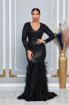 FORMAL LONG SLEEVE GOWN WITH FUR TRIM (BLACK)