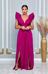 V NECKLINE PUFF SHOULDER SLIT LEG JUMPSUIT (MAGENTA)