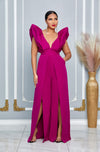 V NECKLINE PUFF SHOULDER SLIT LEG JUMPSUIT (MAGENTA)