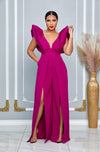 V NECKLINE PUFF SHOULDER SLIT LEG JUMPSUIT (MAGENTA)