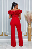 OFF SHOULDER RUFFLE DETAILED LACE TOP JUMPSUIT (RED)