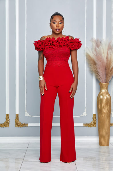 OFF SHOULDER RUFFLE DETAILED LACE TOP JUMPSUIT (RED)