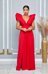 V NECKLINE PUFF SHOULDER SLIT LEG JUMPSUIT (RED)