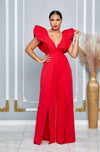 V NECKLINE PUFF SHOULDER SLIT LEG JUMPSUIT (RED)