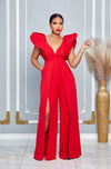 V NECKLINE PUFF SHOULDER SLIT LEG JUMPSUIT (RED)