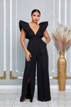 V NECKLINE PUFF SHOULDER SLIT LEG JUMPSUIT (BLACK)