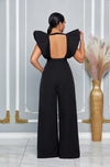 V NECKLINE PUFF SHOULDER SLIT LEG JUMPSUIT (BLACK)