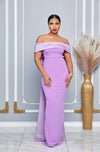 OFF SHOULDER BACK RIBBON TRAIN MAXI DRESS (LAVENDER)