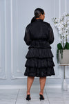BUTTON DOWN TIERED RUFFLE ORGANZA DRESS (BLACK)