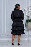 BUTTON DOWN TIERED RUFFLE ORGANZA DRESS (BLACK)