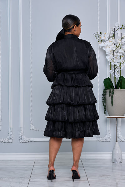 BUTTON DOWN TIERED RUFFLE ORGANZA DRESS (BLACK)