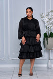 BUTTON DOWN TIERED RUFFLE ORGANZA DRESS (BLACK)