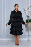 BUTTON DOWN TIERED RUFFLE ORGANZA DRESS (BLACK)