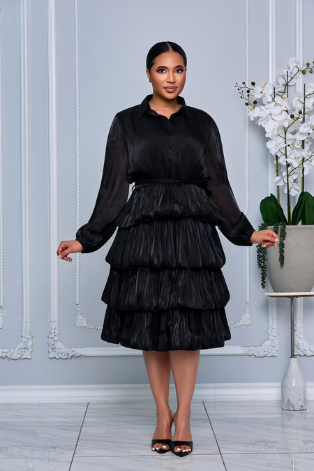 COLLAR BUTTON DOWN TIERED RUFFLE ORGANZA DRESS (BROWN)