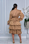 COLLAR BUTTON DOWN TIERED RUFFLE ORGANZA DRESS (BROWN)