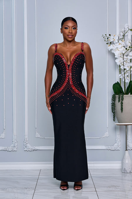 RHINESTONE EMBELLISHED BUTTON DOWN A-LINE DRESS (BLACK MULTI)