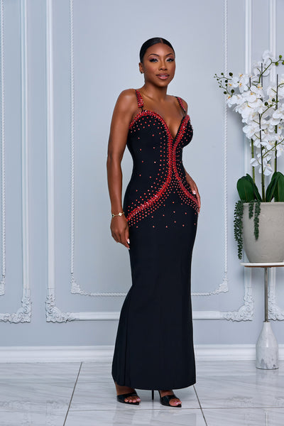 RED CRYSTAL EMBELLISHED SPAGHETTI STRAP BANDAGE DRESS