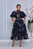 RHINESTONE EMBELLISHED BUTTON DOWN A-LINE DRESS (BLACK MULTI)