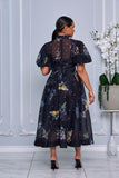 RHINESTONE EMBELLISHED BUTTON DOWN A-LINE DRESS (BLACK MULTI)
