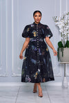 RHINESTONE EMBELLISHED BUTTON DOWN A-LINE DRESS (BLACK MULTI)