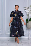 RHINESTONE EMBELLISHED BUTTON DOWN A-LINE DRESS (BLACK MULTI)