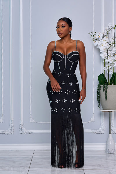 CRYSTAL EMBELLISHED BANDAGE DRESS WITH FRINGES DETAIL (BLACK)
