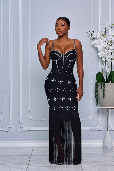 CRYSTAL EMBELLISHED BANDAGE DRESS WITH FRINGES DETAIL (BLACK)
