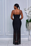 CRYSTAL EMBELLISHED BANDAGE DRESS WITH FRINGES DETAIL (BLACK)
