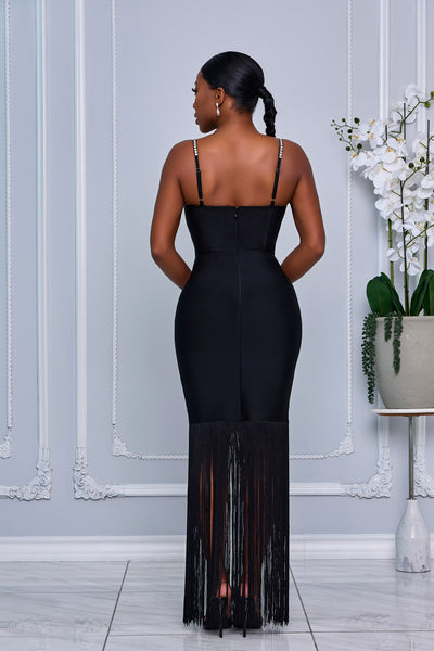 CRYSTAL EMBELLISHED BANDAGE DRESS WITH FRINGES DETAIL (BLACK)
