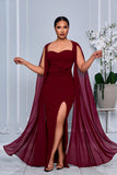 MESH LONG CAPE SLEEVE MAXI DRESS WITH SIDE SLIT (BURGUNDY)