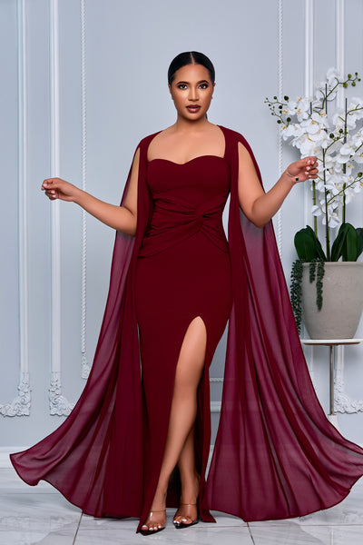 MESH LONG CAPE SLEEVE MAXI DRESS WITH SIDE SLIT (BURGUNDY)