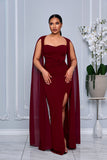 MESH LONG CAPE SLEEVE MAXI DRESS WITH SIDE SLIT (BURGUNDY)