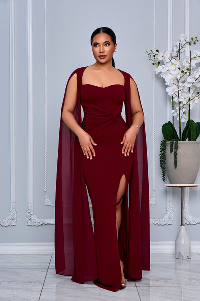 MESH LONG CAPE SLEEVE MAXI DRESS WITH SIDE SLIT (BURGUNDY)