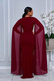 MESH LONG CAPE SLEEVE MAXI DRESS WITH SIDE SLIT (BURGUNDY)