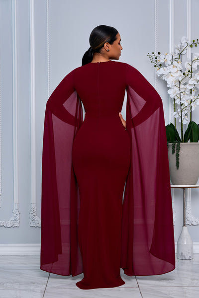 MESH LONG CAPE SLEEVE MAXI DRESS WITH SIDE SLIT (BURGUNDY)
