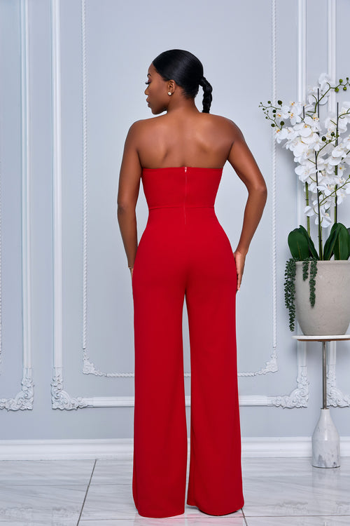 TUBE TOP GOLD BUTTON EMBELLISHED JUMPSUIT (RED)
