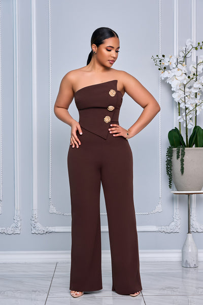 TUBE TOP GOLD BUTTON EMBELLISHED JUMPSUIT (CHOCOLATE BROWN)
