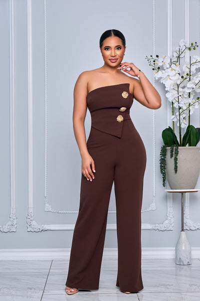 TUBE TOP GOLD BUTTON EMBELLISHED JUMPSUIT (CHOCOLATE BROWN)