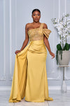 COUTURE-INSPIRED BEADED BODICE ONE SHOULDER GOWN WITH SIDE TRAIN