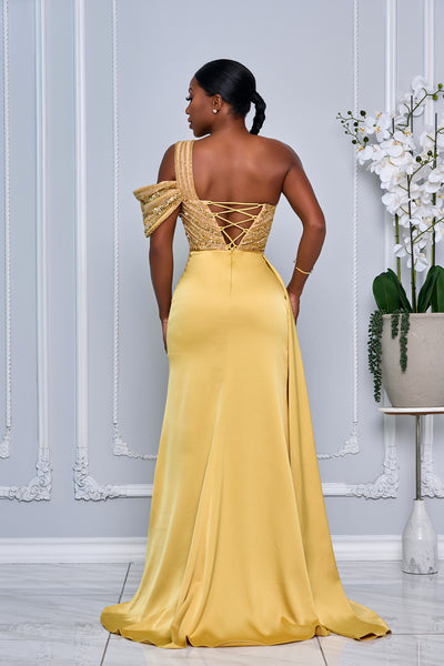 COUTURE-INSPIRED BEADED BODICE ONE SHOULDER GOWN WITH SIDE TRAIN