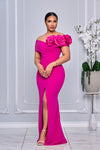 3D FLOWER CORSAGE OFF THE SHOULDER MAXI DRESS