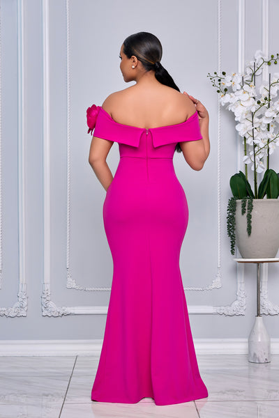 3D FLOWER CORSAGE OFF THE SHOULDER MAXI DRESS
