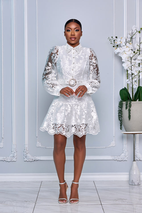 EMBROIDERED LONG CUFF SLEEVES BELTED MINI DRESS (WHITE)