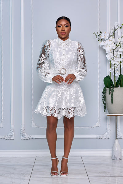 EMBROIDERED LONG CUFF SLEEVES BELTED MINI DRESS (WHITE)