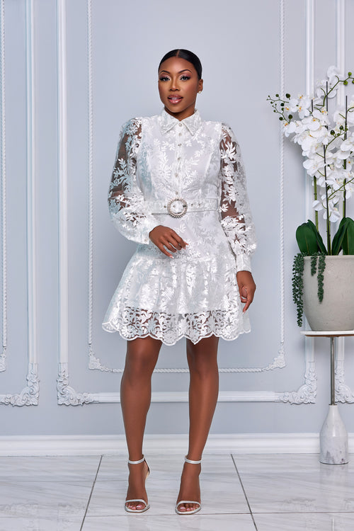 EMBROIDERED LONG CUFF SLEEVES BELTED MINI DRESS (WHITE)