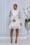 EMBROIDERED LONG CUFF SLEEVES BELTED MINI DRESS (WHITE)
